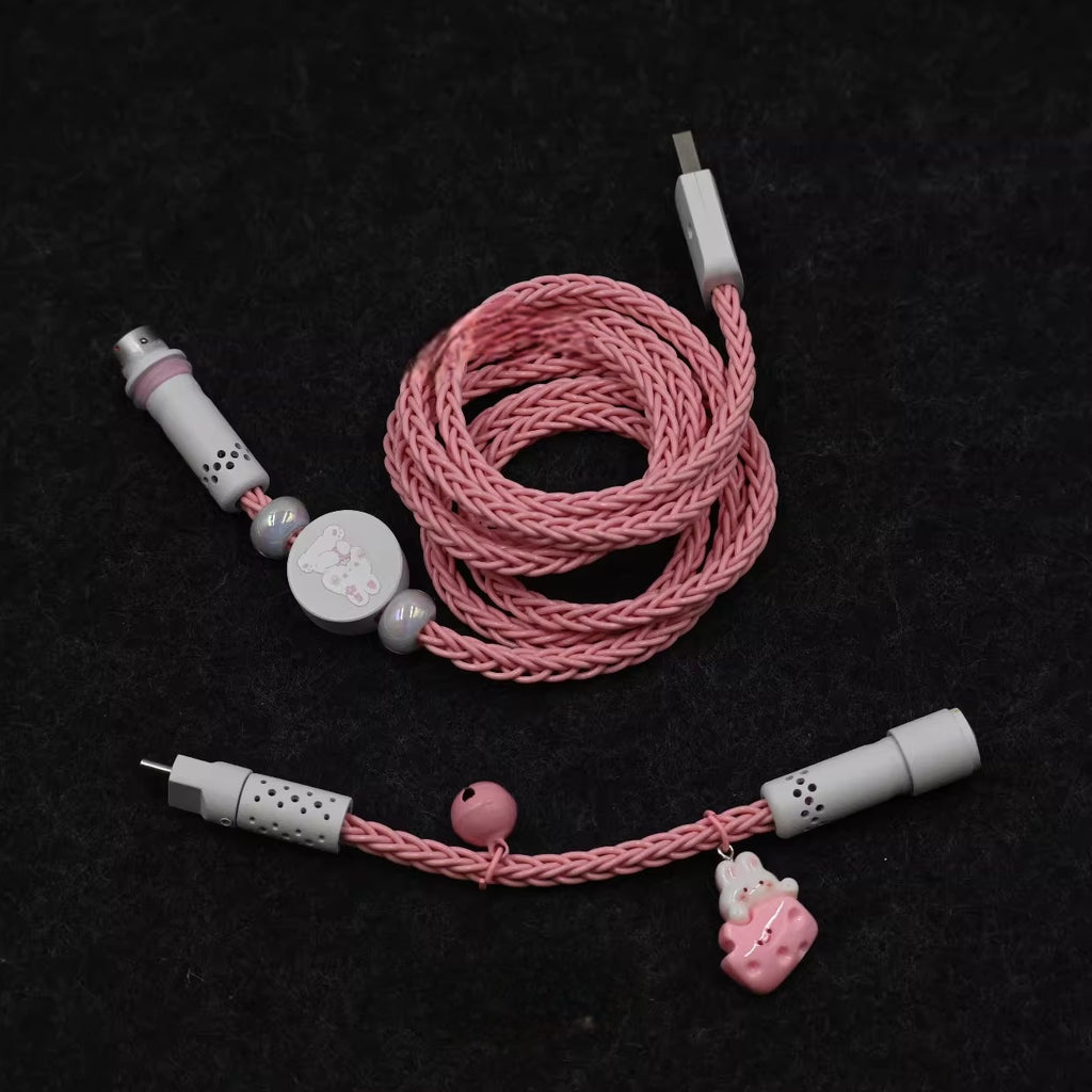 Pink Bunny Theme Mechanical Keyboard Cable - Single Crystal Copper USB to Type-C Coiled Cable