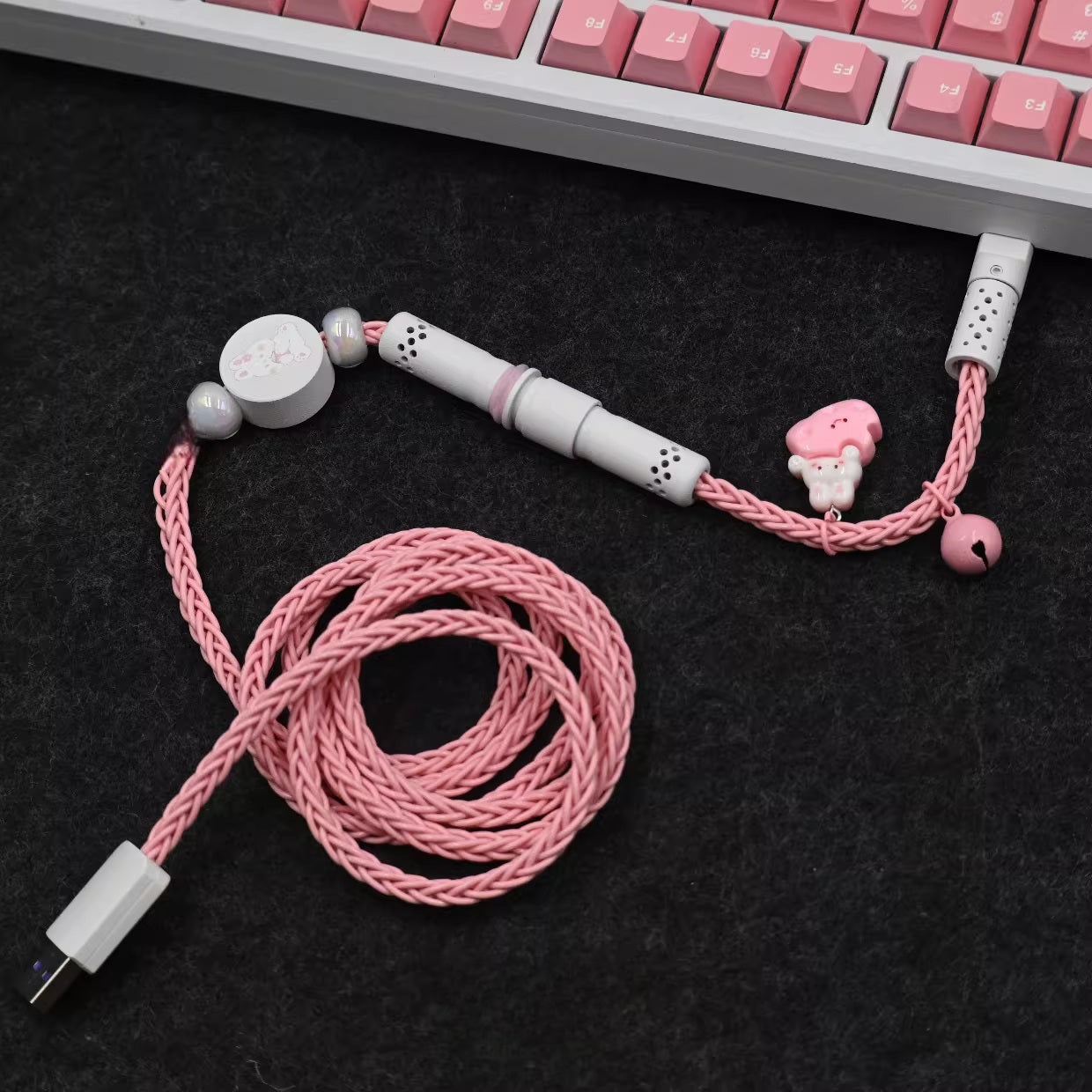 Pink Bunny Theme Mechanical Keyboard Cable - Single Crystal Copper USB to Type-C Coiled Cable