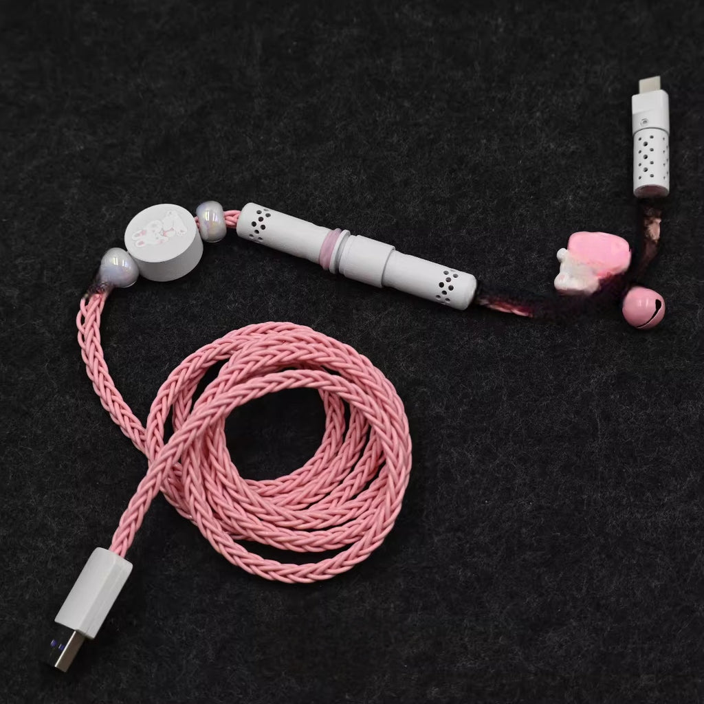 Pink Bunny Theme Mechanical Keyboard Cable - Single Crystal Copper USB to Type-C Coiled Cable
