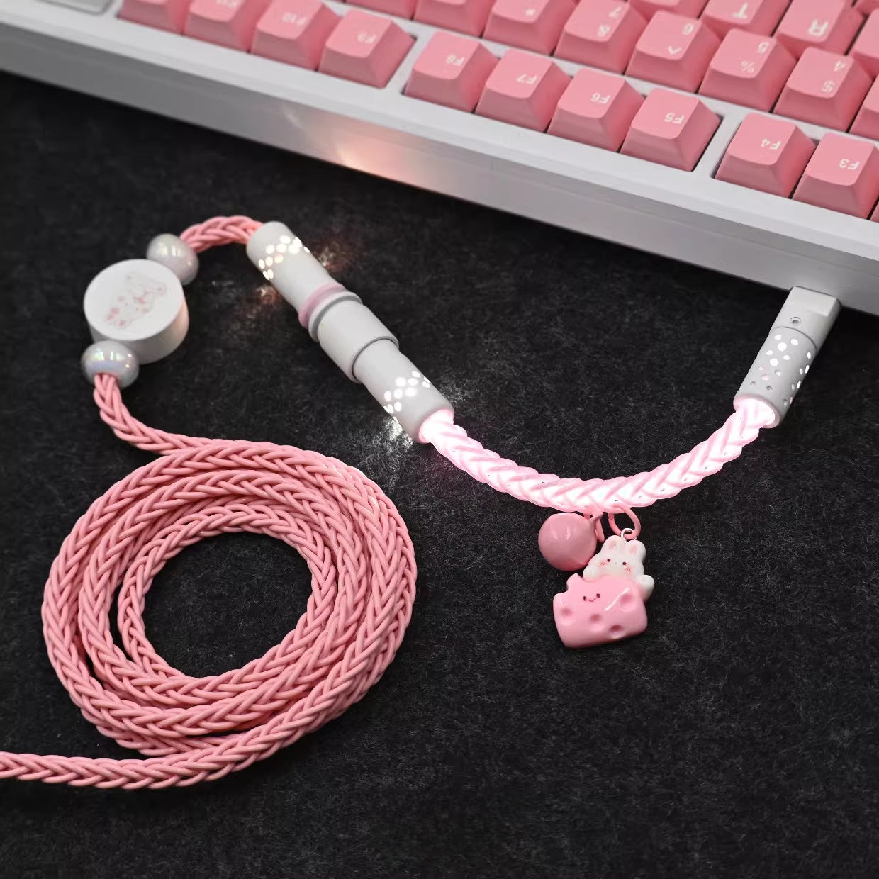 Pink Bunny Theme Mechanical Keyboard Cable - Single Crystal Copper USB to Type-C Coiled Cable