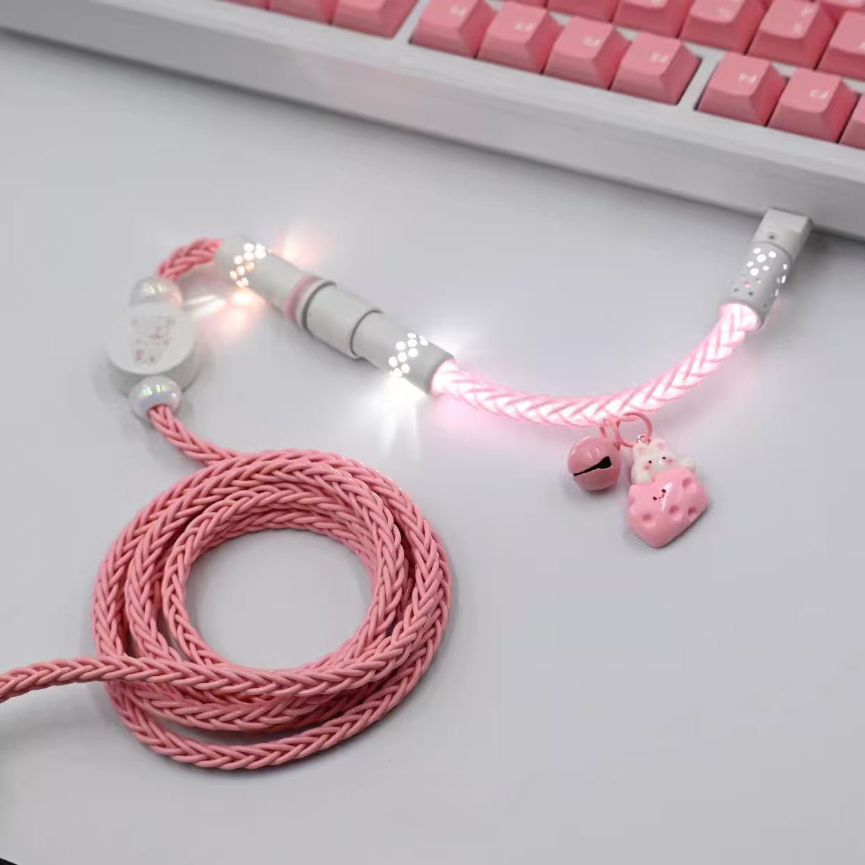 Pink Bunny Theme Mechanical Keyboard Cable - Single Crystal Copper USB to Type-C Coiled Cable
