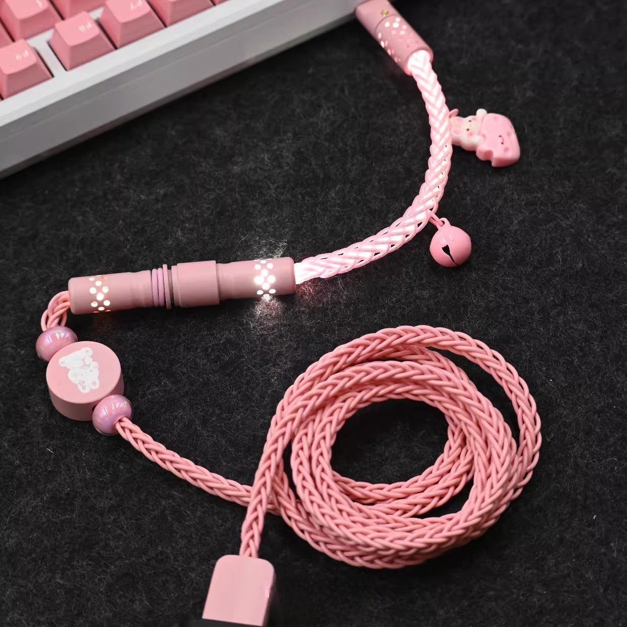 Pink Bunny Theme Mechanical Keyboard Cable - Single Crystal Copper USB to Type-C Coiled Cable