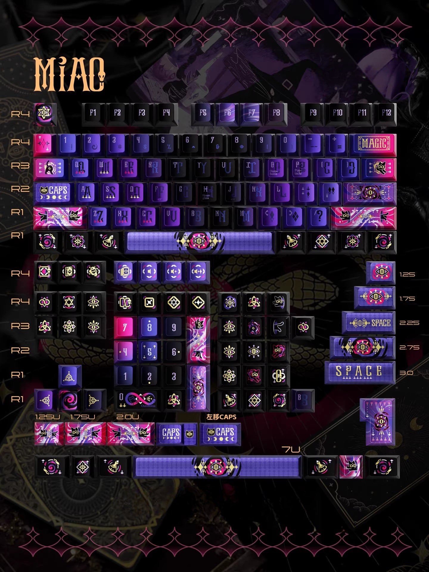 Mystery Purple & Black Cat Metallic Luster PBT Keycap Set - Cherry Profile for Wooting, ROG Azoth, Razer & Logitech G