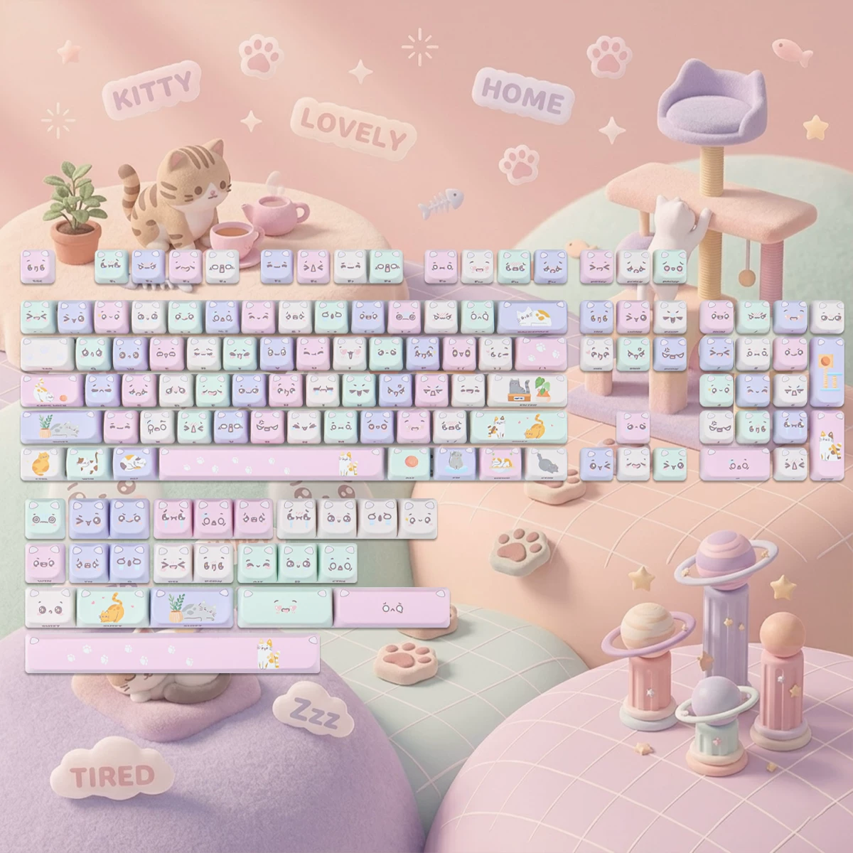 Cute Macaron Cat PBT Keycap Set - MAO Profile for Wooting, ROG Azoth, Razer & Logitech G