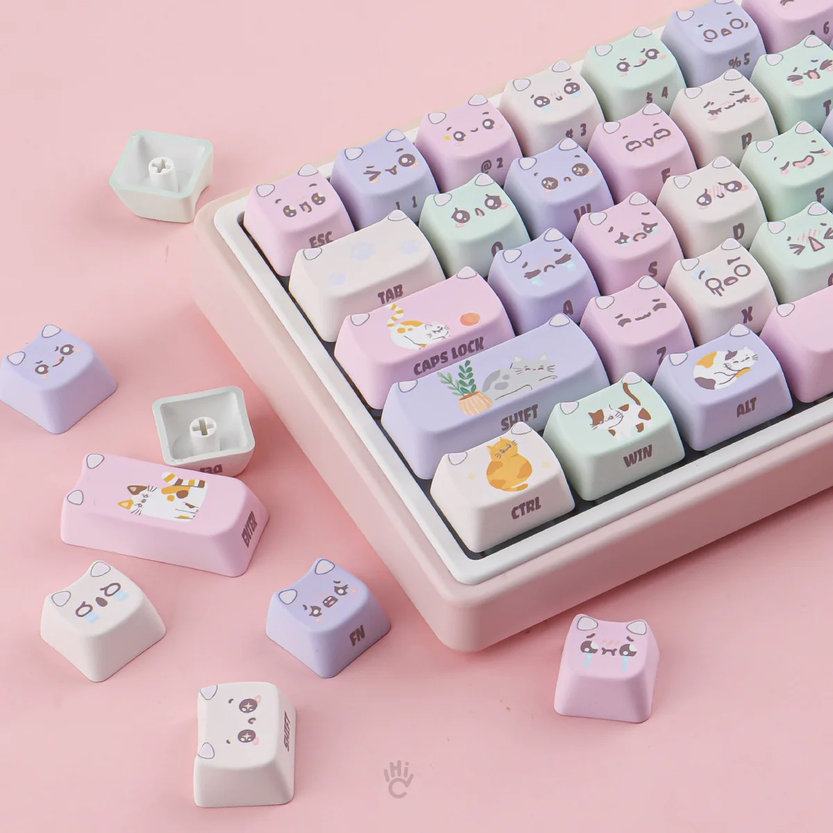 Cute Macaron Cat PBT Keycap Set - MAO Profile for Wooting, ROG Azoth, Razer & Logitech G